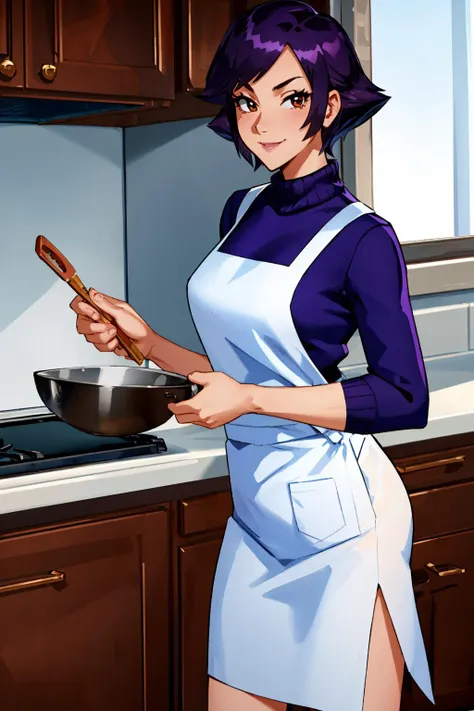 masterpiece, best quality, mmmom, purple hair, red sweater, apron, pencil skirt, kitchen, looking at viewer, smile, stove, frying pan <lora:mom-nvwls-v1-000010:0.9>