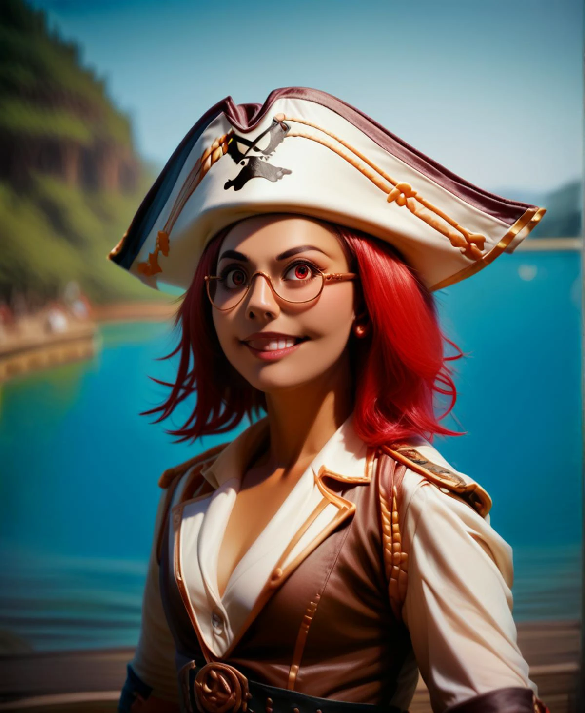 score_9_up, score_8_up, score_7_up, <lora:Pony_QualityV4.0:.25>, dynamic pose, upper body, Forced Perspective, 1girl, glasses, medium hair, red hair, red eyes, tan skin, small breasts, smiling, pirate outfit, pirate hat, sword
, outdoors, at a lake, sunny, <lora:ponyRealistic_v1-rev3_rank16:2>, realistic, realism, photo \(medium\)