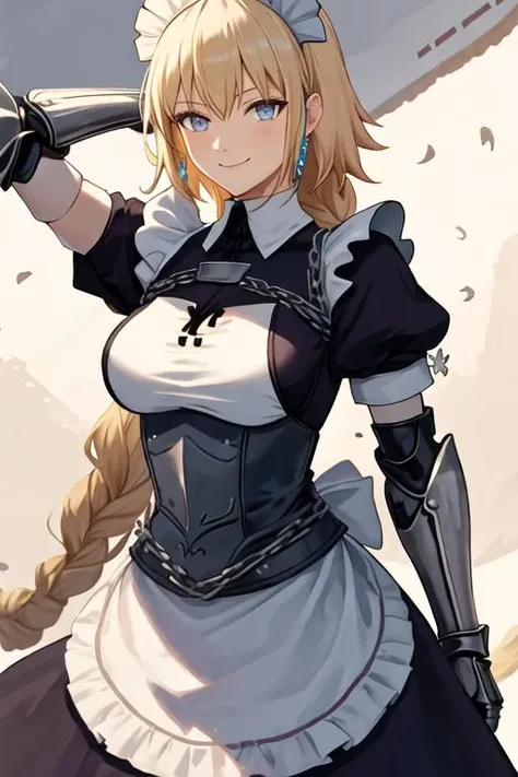 best quality, masterpiece, highres, solo, {maid:1.40}, {long maid dress:1.15}, {jeanne_d_arc_fgo:1.15}, blonde_hair, long_hair, blue_eyes, breasts, very_long_hair, headpiece, smile, braid, gauntlets, single_braid, large_breasts, bangs, chain