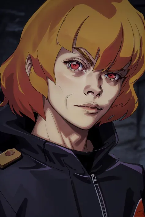 Anime, clementine, solo, red eyes, blond hair, tracksuit, RocksEyebrowRaise, portrait, raised eyebrow, thick eyebrows, (masterpiece, official art), Best Shadows, Shallow Depth of Field, simple background, <lora:RocksEyebrowRaise:1>, <lora:clementine-overlord:0.8>,