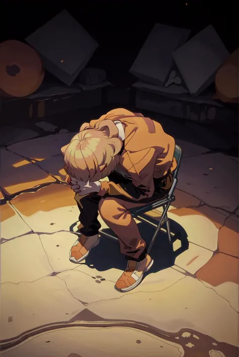 Anime, clementine, solo, blond hair, tracksuit, shinjichair, sitting, head down, (masterpiece, official art), Best Shadows, Shallow Depth of Field, simple background, <lora:concept_shinjichair:0.9>, <lora:clementine-overlord:0.8>,