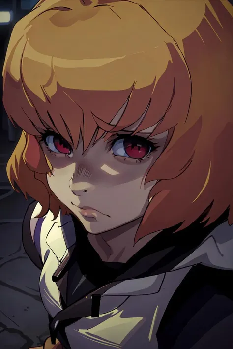 Anime, clementine, solo, red eyes, blond hair, tracksuit, NoBitches, face closeup, fisheye effect, (masterpiece, official art), Best Shadows, Shallow Depth of Field, simple background, <lora:NoBitchesMeme:1.2>, <lora:clementine-overlord:0.8>,