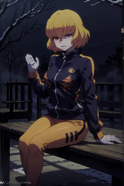 Anime, clementine, solo, red eyes, blond hair, tracksuit, yoga pants, sitting at a park table, (masterpiece, official art), Best Shadows, Shallow Depth of Field, snowy park at night, <lora:clementine-overlord:0.8>, ng_deepnegative_v1_75t