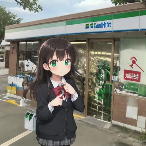 best quality, ultra-detailed, illustration,
famima, konbini, scenery, storefront, bicycle, shop, convenience store, sky, ground vehicle, scenery, outdoors, cloud, blue sky, day, road, motor vehicle, building, street, tree, power lines, utility pole, sign, storefront, japan,
1girl, black hair, long hair, school uniform, happy, shy smile, smile, 
 <lora:Famima_JAPAN_SD15_V1:1>