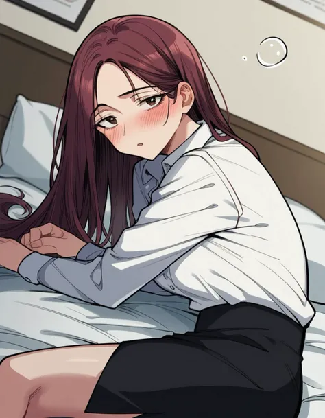 score_9, score_8_up, score_7_up, source_anime,
kangmijung, <lora:kang-mijung-manhwa:1>,
kang mijung, long hair, brown hair, brown eyes,
skirt, shirt, white shirt, frills, collared shirt, black skirt, office lady, long sleeves,
indoors, bed, bed room, on side, blush, drunk,
cowboy shot, looking at viewer, solo, dutch angle,
