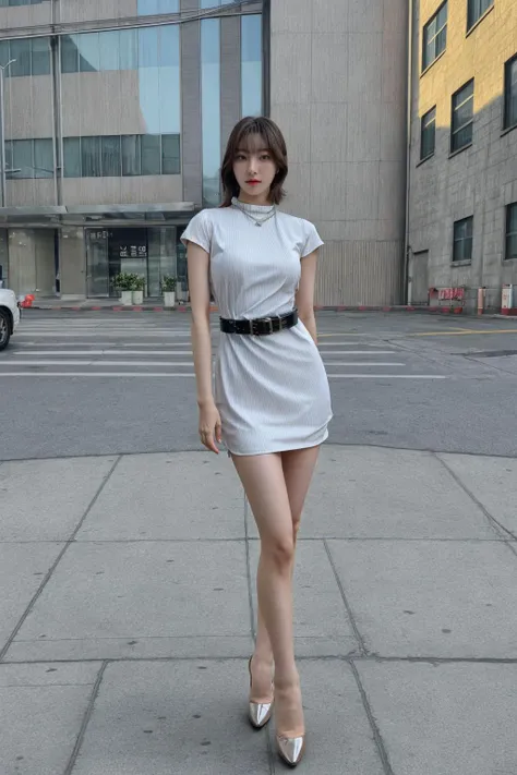 (super realistic, masterpiece, best quality, ultra detailed eyes and pupil, small eyes, ultra detailed skin, ( full body photo:1) (ultra detailed face), perfect anatomy, (a beautiful girl), belt, details, (tight dress), (hazel eye), short figure, covered high heels, day, in the street, ((full body shot:1.5)), (korean beauty:0.8), (kpop idol:1.2), (detailed skin), <lora:riinalorashy:1>, <lora:add_detail:0.6>