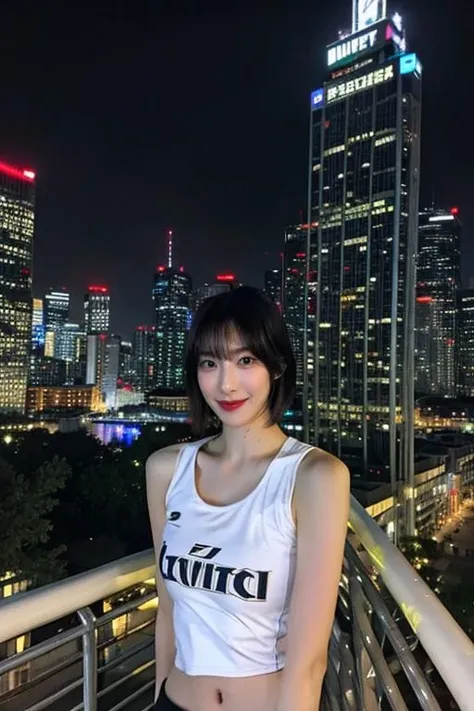 Fujifilm XT3, 8k,close up photo, masterpiece, best quality, (((1girl))), solo,realistic, ((looking at viewer)), photorealistic, (extremely detailed face), looking at viewer, ((ultra-detailed eyes and pupils)), ultra detailed, serious expression, cropped top,shirts, ((standing against a city skyline at night)), (rooftop), crop top, ((navel)), smile, short hair, bangs, <lora:riinalorashy:1>