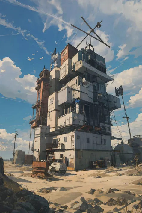 (masterpiece),(best quality),Container_building,wasteland,
pov,Industrial punk, steam style, post-apocalyptic world,
<lora:KK_Container_building_v1:0.8>, (scaffolding:1.5),car, radar, Antenna,