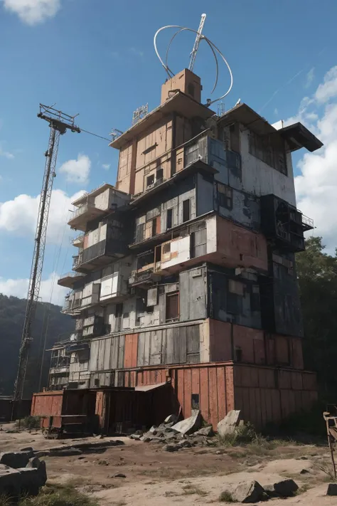 (masterpiece),(best quality),(cars:1.1),Container_building,(night:1.3),wheel,fantasy,surreal, flying,(in the sky:1.3),Industrial punk, steam style,Wasteland, post-apocalyptic world,
<lora:KK_Container_building_v1:0.8>,(Scaffolding)