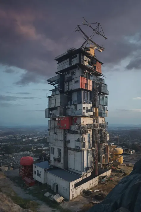 (masterpiece),(best quality),(cars:1.1),Container_building,wasteland,fantasy,surreal,
pov,Industrial punk, steam style, post-apocalyptic world,(tower:1.5),rocket on rooftop,helicopter,night,neon lights,
<lora:KK_Container_building_v1:0.8>,