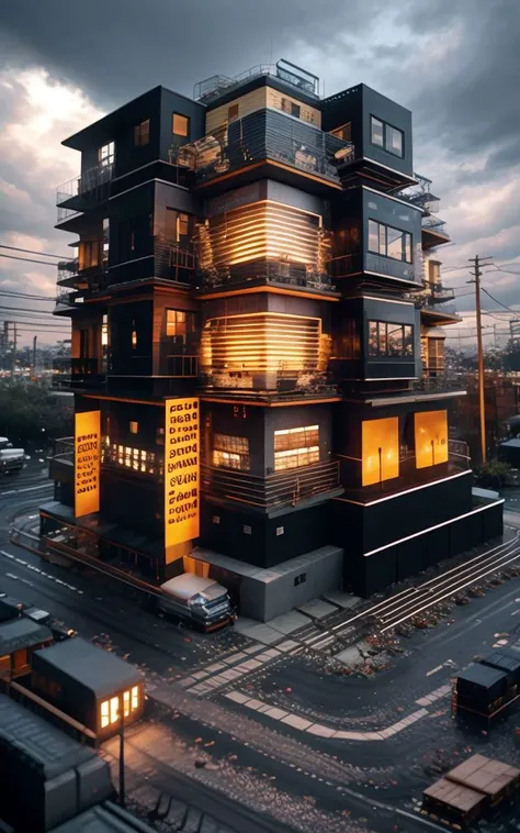 <lora:KK_Container_building_v1:0.4>, Container_building,Orange tone,computer chip,product closeups,photography closeups,cinematic rendering,C4D,blender,3D,ultra-high definition texture details,resistors,Special Effects,(Luminous line converging towards the middle:1.2),<lora:xinpian:0.8>,