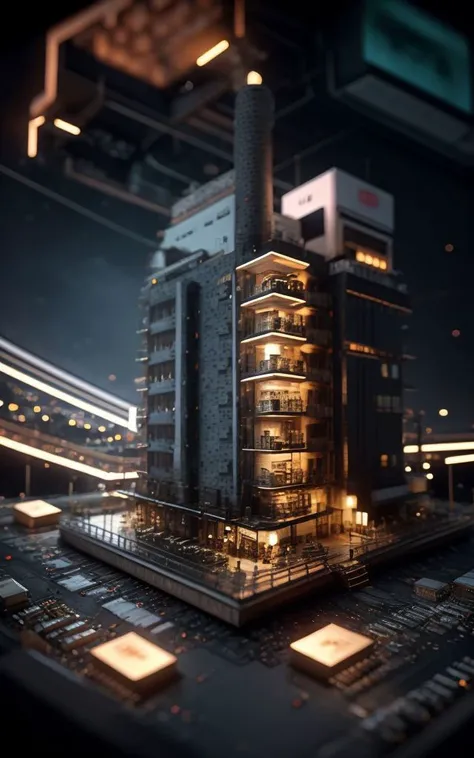 <lora:KK_Container_building_v1:0.45>, Container_building,Orange tone,computer chip,product closeups,photography closeups,cinematic rendering,C4D,blender,3D,ultra-high definition texture details,resistors,Special Effects,(Luminous line converging towards the middle:1.2),<lora:xinpian:0.8>,