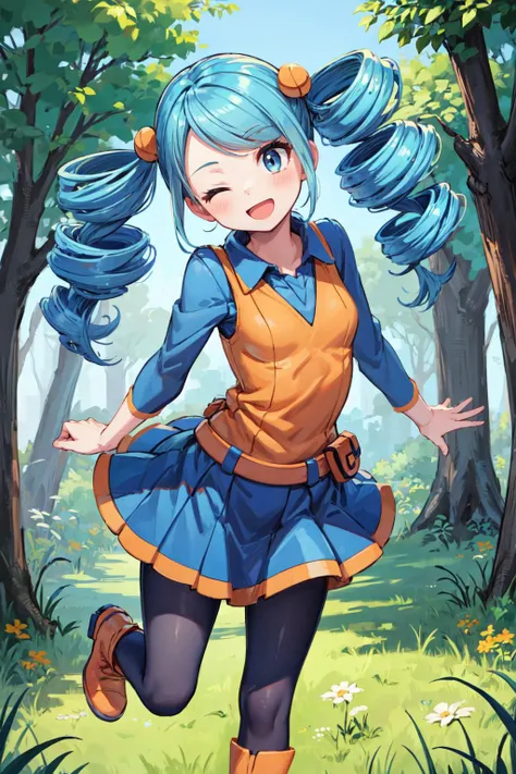 masterpiece,best quality,1girl,Ace Trainer (Pokemon),twin drills,orange vest,blue sleeves,blue skirt,orange boots,blue pantyhose,smile,open mouth,one eye closed,head tilt,grass,forest,<lora:Concept-control tool-add_detail-CyberAIchemist:0.8>,<lora:CHAR-Pokemon-Ace Trainer Gen V-v1-RockRockRock:0.9>,