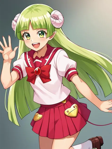 score_6, score_8_up BREAK, masterpiece, perfect face, perfect hands, high quality, (1girl, solo,) style_toon, <lora:Clara_Valac._-_Mairimashita_Iruma-kun_Wiki_Pony:1> clara, green hair, horns, green eyes, long hair, demon girl, smile,() school uniform, skirt, open mouth,
