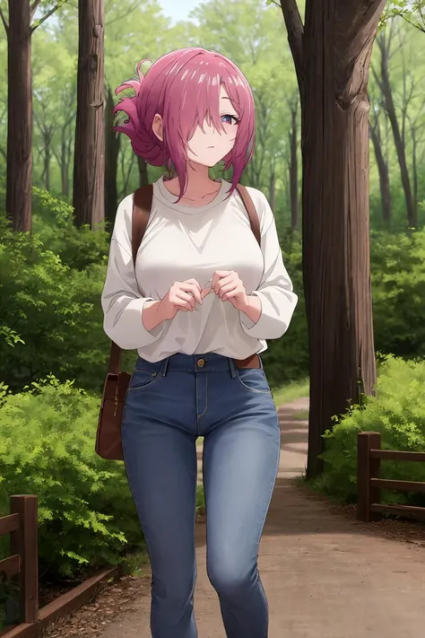 ((masterpiece, best quality, high quality, highres)):1.2,
outdoors, forest,
1girl, kiki, white shirt, jeans, hair over eyes, <lora:Kiki-08:0.8>