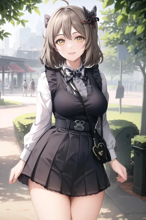 chiyodakc, headband, 1girl, solo, outside, trees, huge breasts, <lora:ChiyodaKCLora-07:0.9>, ((tuxedo,black waistcoat,)) white shirt, cloth trousers, red rose pin, soes,