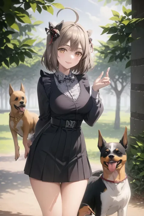 masterpiece, best quality, highly detailed, park, 1girl, solo, biscuit \(nikke\), standing, dog, looking at viewer, smile, <lora:biscuit_nikke:1>