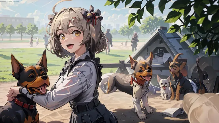 1girl, solo, biscuit \(nikke\), standing, dog, looking at viewer, :3, <lora:biscuit_nikke:1>, dog tail, dogs, open mouth,