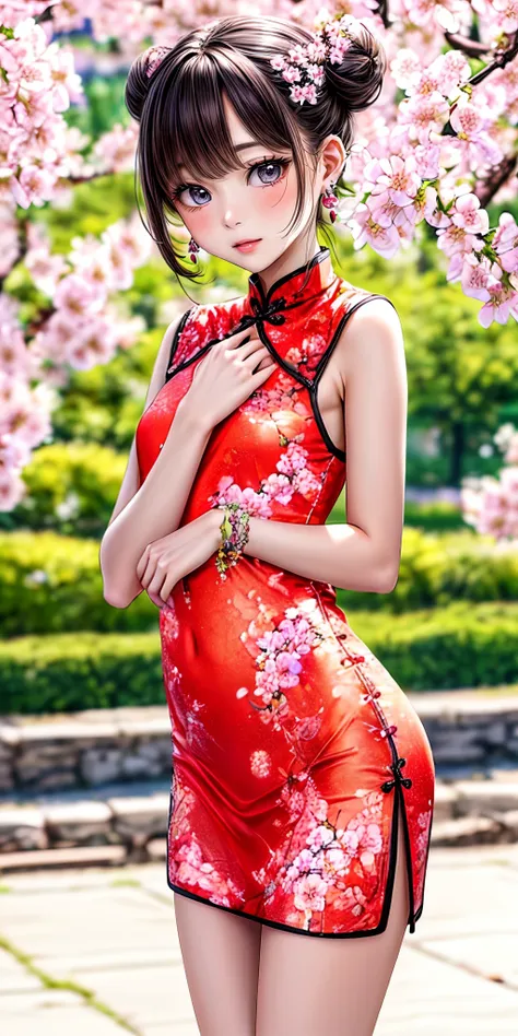 (masterpiece,ultra-detailed,best quality,8K,illustration:1.0),(petite girl:1.2) <lora:more_details:1>, flower, outdoor,cute face,cowboy shot,
  <lora:n china dress v1.0:0.4> jyojifuku, china dress, jewelry, earrings, hair bun,mini skirt,open chest ,see-through<lora:cherry blossom:0.8> cherry blossom,many flowers