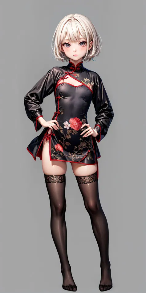 (masterpiece,ultra-detailed,best quality,8K,CG,illustration,shaved:1),shiny_skin,(ite girl:1.2),short hair,<lora:more_details:1>,
<lora:n china dress v2.0:0.3>,china dress,black cheongsam,skirt,pose,(curvy:0.6),m_legs,standing,simple background,portrait,Tyndall effect,full body,hands on own hips,<lora:jyoii ni-so v1.1:0.6>,jyojifuku,black thighhighs,zettai ryouiki,no shoes,