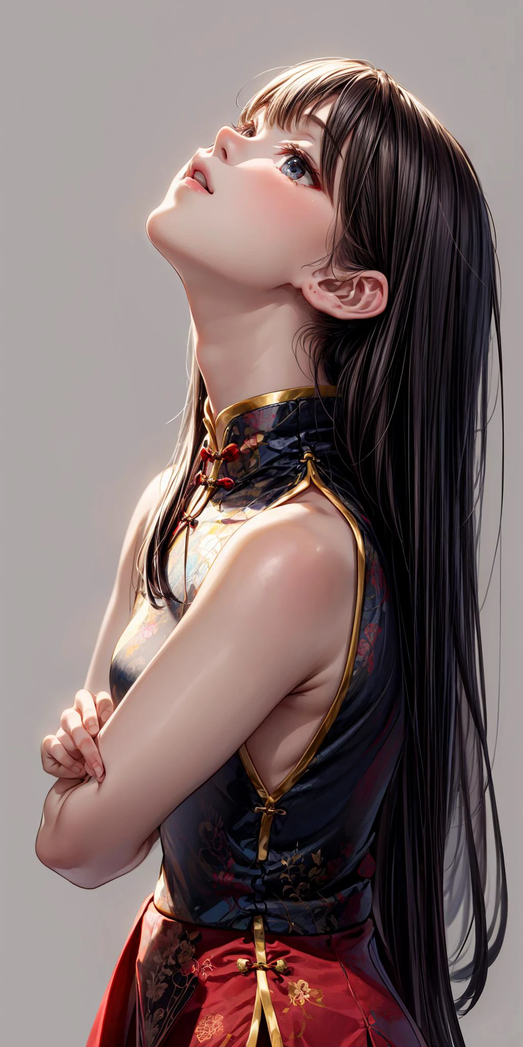 (ite girl:1.2),long hair,<lora:more_details:1>,
<lora:n china dress v2.0:0.3>,china dress,black cheongsam,skirt,(curvy:0.6),standing,simple background,looking_up,upper_body,