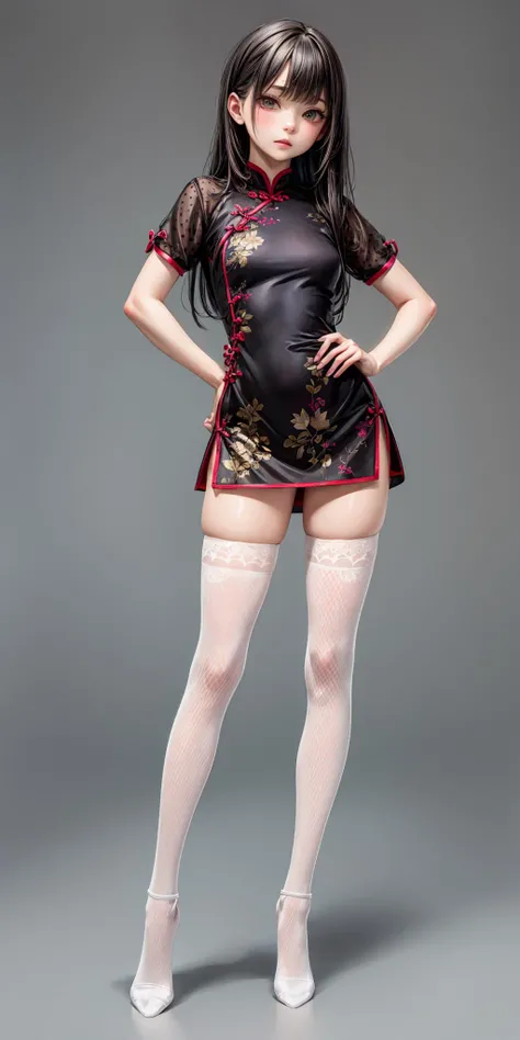 (masterpiece,ultra-detailed,best quality,8K,CG,illustration,shaved:1),(ite girl:1.2),long hair,<lora:more_details:1>,
<lora:n china dress v2.0:0.3>,china dress,black cheongsam,skirt,(curvy:0.6),standing,simple background,portrait,full body,spread legs,hands on own hips,<lora:jyoii ni-so v1.1:0.6>,jyojifuku,polka dot print thighhighs,zettai ryouiki,no shoes,