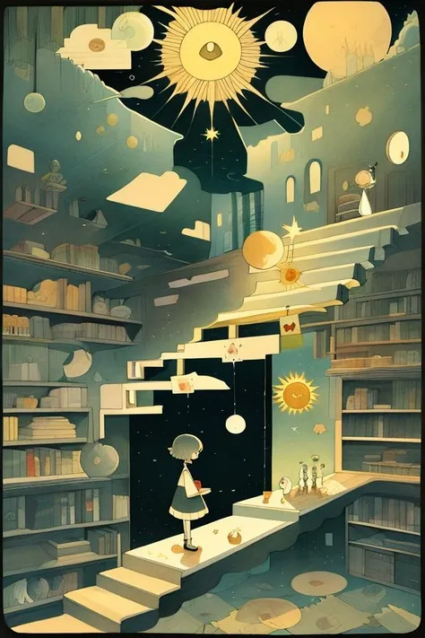 masterpiece,best quality,(sun:1.3),(morning:1.3),childbook,card,<lora:childbook20230605:1.2>,moon,2d,1girl,standing,full body,child drawing,in the same plane,surreal,bookshelf,