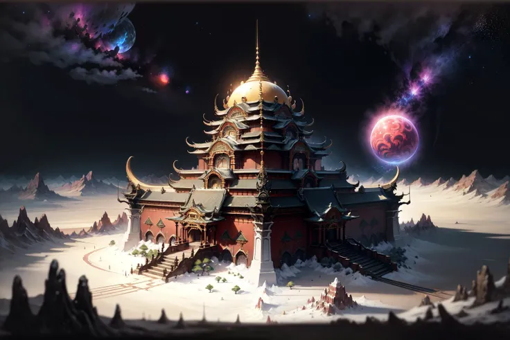 masterpiece, ff14style, landscape, magical temple on the moon, night sky, earth \(planet\), star \(sky\), crater, <lora:FF14 LoadingArtV3.0:1>