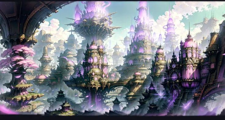 masterpiece, intricate details, ff14style, painting of futuristic city, purple and pink theme, flying vehicles, vivid colors, <lora:FF14 ArtV2:0.8>