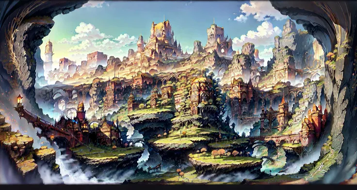 masterpiece, intricate details, ff14style, painting of city, landscape,Narnia: A land of talking animals and magical creatures, ruled by Aslan the lion, coastal desert <lora:FF14 ArtV2:1>