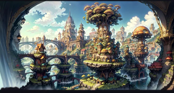masterpiece, intricate details, ff14style, painting of city, bridge, rivers, giant mushrooms, landscape, vivid colors, <lora:FF14 ArtV2:0.8>