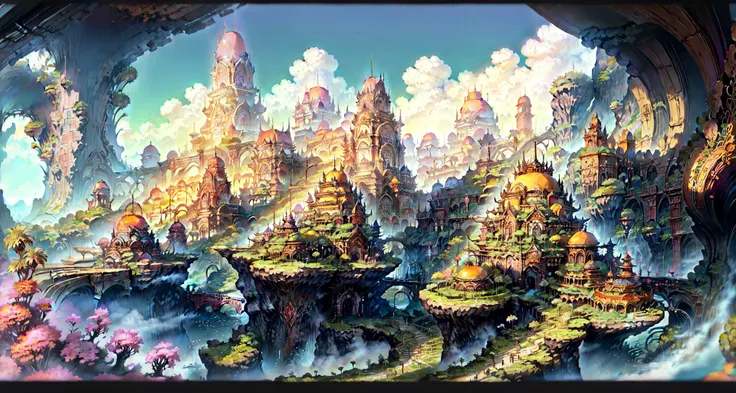 masterpiece, intricate details, ff14style, painting of city, landscape,A tropical paradise where the sun shines brightly every day, subtropical desert <lora:FF14 ArtV2:1>