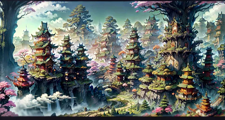 masterpiece, intricate details, ff14style, painting of Japanese city, landscape,The Shattering Isles, in a forest of giant trees  <lora:FF14 ArtV2:0.8>