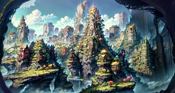 masterpiece, intricate details, ff14style, painting of city, landscape,The Forest of Mirrors: A place where reality is distorted and nothing is as it seems, temperate rainforest <lora:FF14 ArtV2:1>
