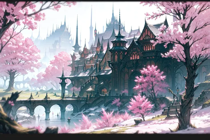 masterpiece, ff14style, landscape, city, nature, trees, pink theme <lora:FF14 LoadingArtV3.0:1>