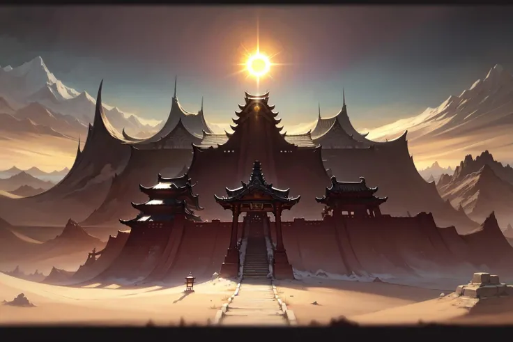 masterpiece, ff14style, landscape, temple, desert, sky, sun, <lora:FF14 LoadingArtV3.0:1>