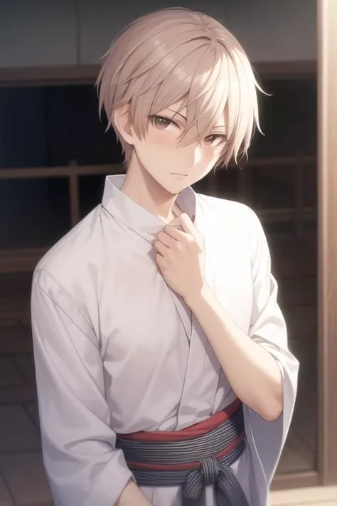 masterpiece, best quality, high quality, 1boy, solo, male focus, looking at viewer, upper body, <lora:chika_kudou:0.56>, chika_kudou, blonde hair, brown eyes, hair between eyes, , yukata