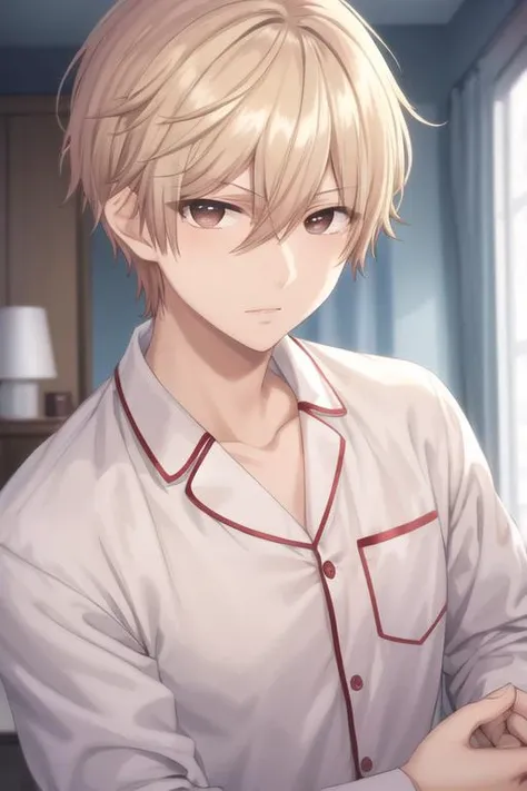 masterpiece, best quality, high quality, 1boy, solo, male focus, looking at viewer, upper body, <lora:chika_kudou:0.68>, chika_kudou, blonde hair, brown eyes, hair between eyes, , pajamas