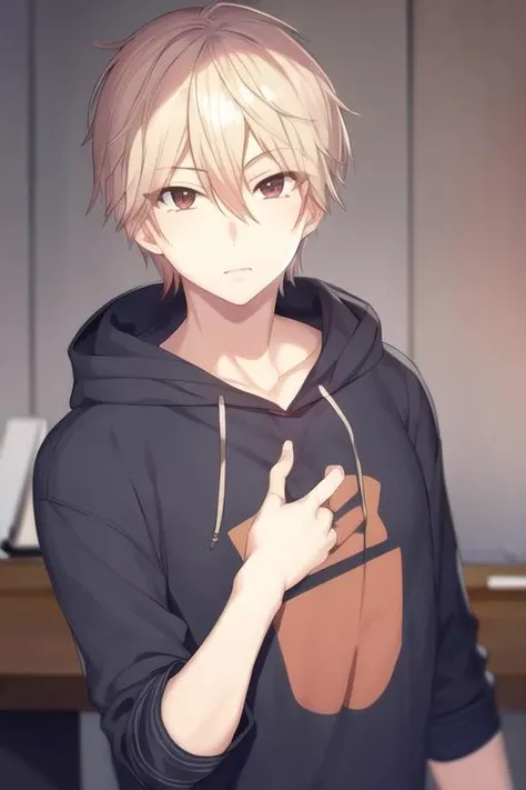 masterpiece, best quality, high quality, 1boy, solo, male focus, looking at viewer, upper body, <lora:chika_kudou:0.68>, chika_kudou, blonde hair, brown eyes, hair between eyes, , hoodie