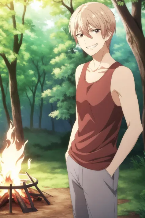 masterpiece, best quality, chika_kudou, 1boy, solo, cowboy shot, blonde hair, hair hair between eyes, brown eyes, grin, casual, (red tank top), grey pants, hands in pockets, forest, campfire,