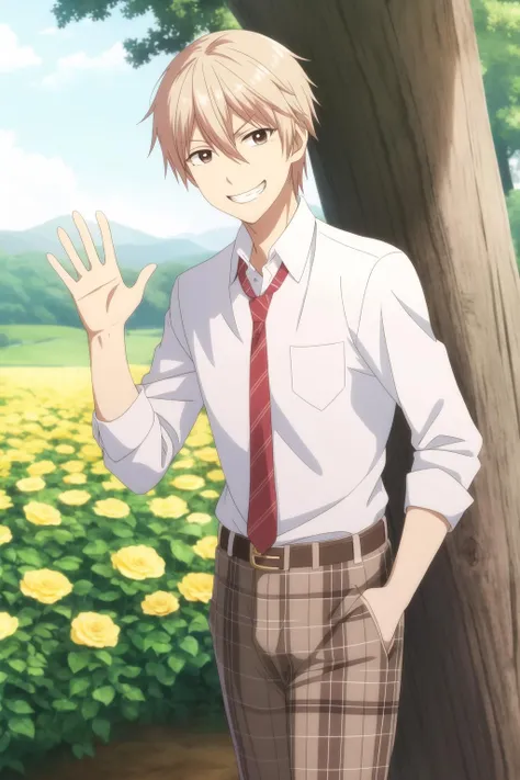 masterpiece, best quality, chika_kudou, 1boy, solo, cowboy shot, blonde hair, hair hair between eyes, brown eyes, grin, casual, dress shirt, sleeves rolled up, red striped necktie, (brown plaid pants), belt, hand in pocket, arm up, waving, park, tree, flower,