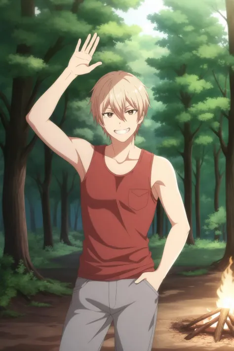 masterpiece, best quality, chika_kudou, 1boy, solo, cowboy shot, blonde hair, hair hair between eyes, brown eyes, grin, (red tank top), grey pants, hands in pocket, arm up, waving, forest, campfire,