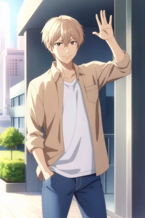 masterpiece, best quality, chika_kudou, 1boy, solo, cowboy shot, standing, blonde hair, hair between eyes, brown eyes, light smile, (casual), collared shirt, open shirt, t-shirt, jeans, hand in pockets, arm up, waving, city,