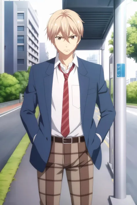 masterpiece, best quality, chika_kudou, 1boy, solo, cowboy shot, blonde hair, hair hair between eyes, brown eyes, annoyed, school uniform, blue jacket, dress shirt, red striped necktie, (brown plaid pants), belt, hands in pockets, (bus stop), sidewalk, road, bush,