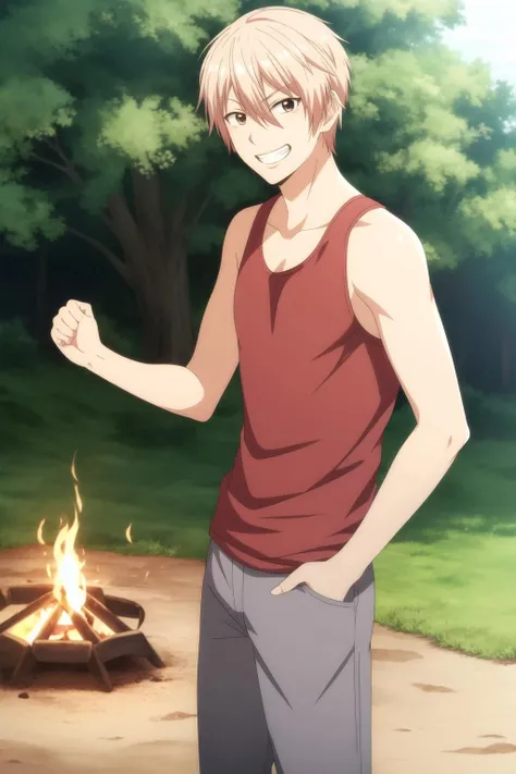 masterpiece, best quality, chika_kudou, 1boy, solo, cowboy shot, standing, blonde hair, hair between eyes, brown eyes, grin, excited, (red tank top), grey pants, hand in pocket, raised fist, forest, campfire,
