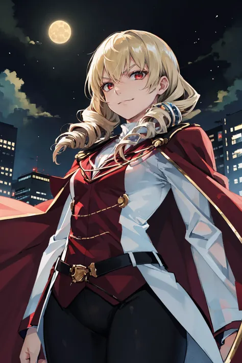 masterpiece, best quality, <lora:wagnerUNIB:0.9> Erika Wagner, white shirt, black shorts, red cape, standing, moon, looking at viewer, cowboy shot, furrowed brow, smirk, from below, city skyline