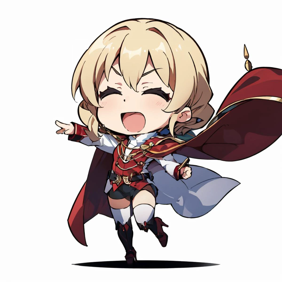 masterpiece, best quality, <lora:wagnerUNIB:0.9> Erika Wagner, white shirt, black shorts, red cape, black thighhighs, high heels, standing, <lora:DarkCabalChibiStyle:1>, chibi, white background, simple background, closed eyes, laughing, open mouth, ojou-sama pose, solo