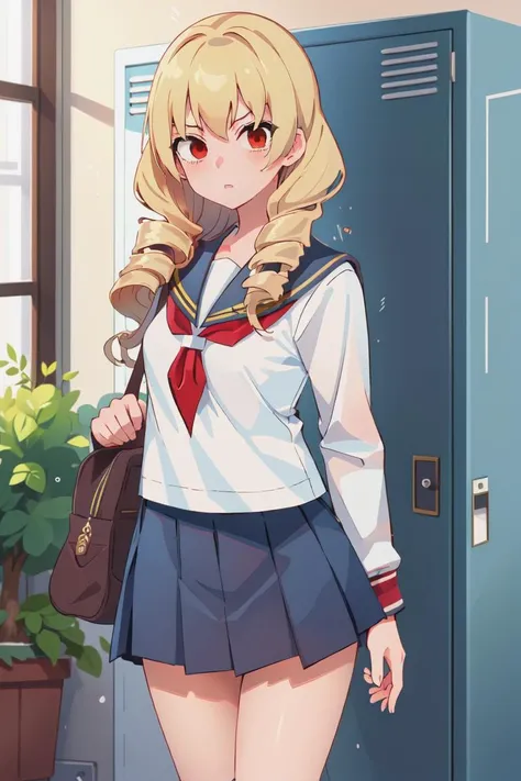 masterpiece, best quality, solo, 1girl, school uniform, ((serafuku)), red serafuku, erika wagner, school, lockers, neckerchief, looking at viewer, cowboy shot, <lora:wagnerUNIB:0.8>