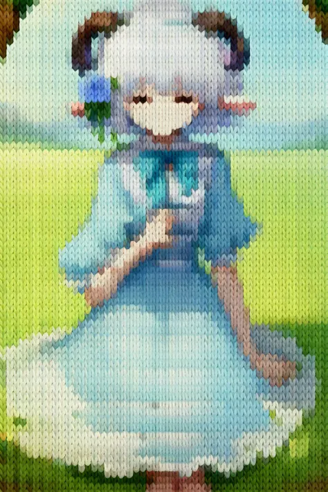 score_9, score_8_up, 1girl, solo <lora:knitStylePDXLDora_v10:1> kn1t, white hair, long hair, messy hair, short hair, light blue dress, sheep horns, bowtie, frills, ribbons, flower field, blue flowers, outdoors