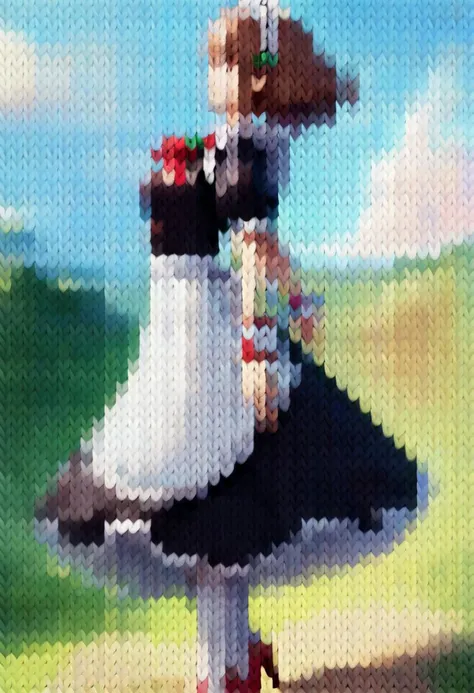kn1t,
1girl, solo, profile, smile, breasts, full body, from side, brown hair, medium hair, brown eyes, hair ornament, closed mouth, medium breasts, cloud, sky, blue sky, maid, day, cloudy sky, maid headdress, apron, white legwear, maid apron, red footwear, outdoors, white apron, dress, puffy short sleeves, bow, puffy sleeves, short sleeves, black dress, shoes, waist apron, frilled apron, red bow, frills, bowtie, red bowtie, wrist cuffs, looking to the side, thighhighs, high heels, flying, wind, midair, frilled dress, red wristband